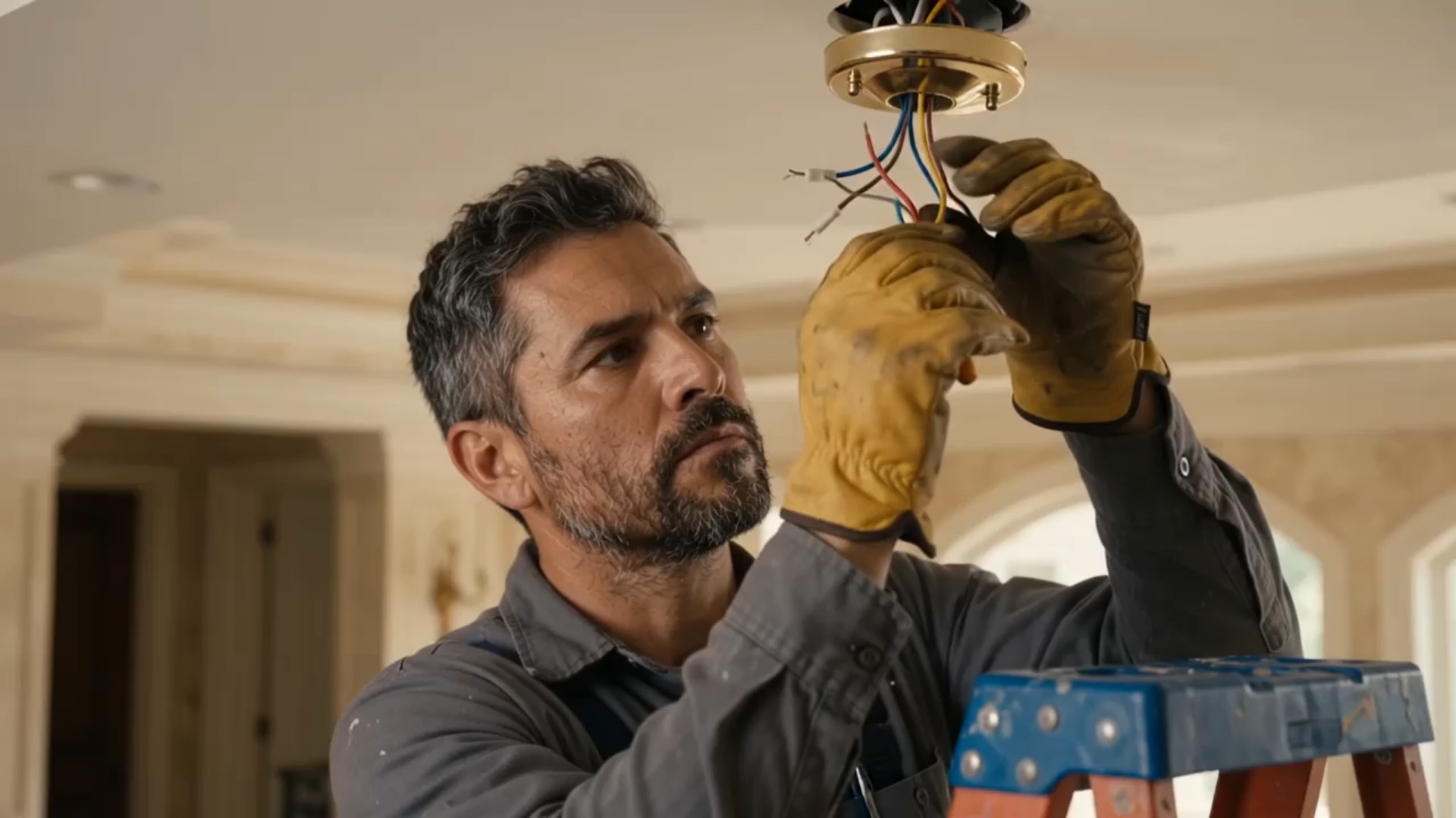 Electrician on a job, both hands on the work
